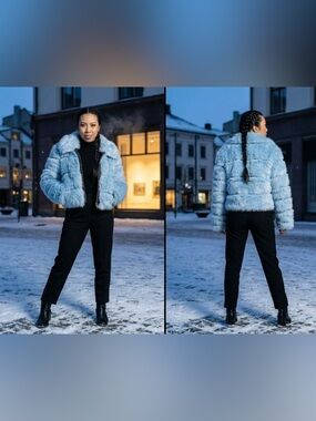 Ice Blue Paneled Faux Fur Cropped Bomber Jacket | Silver Hardware